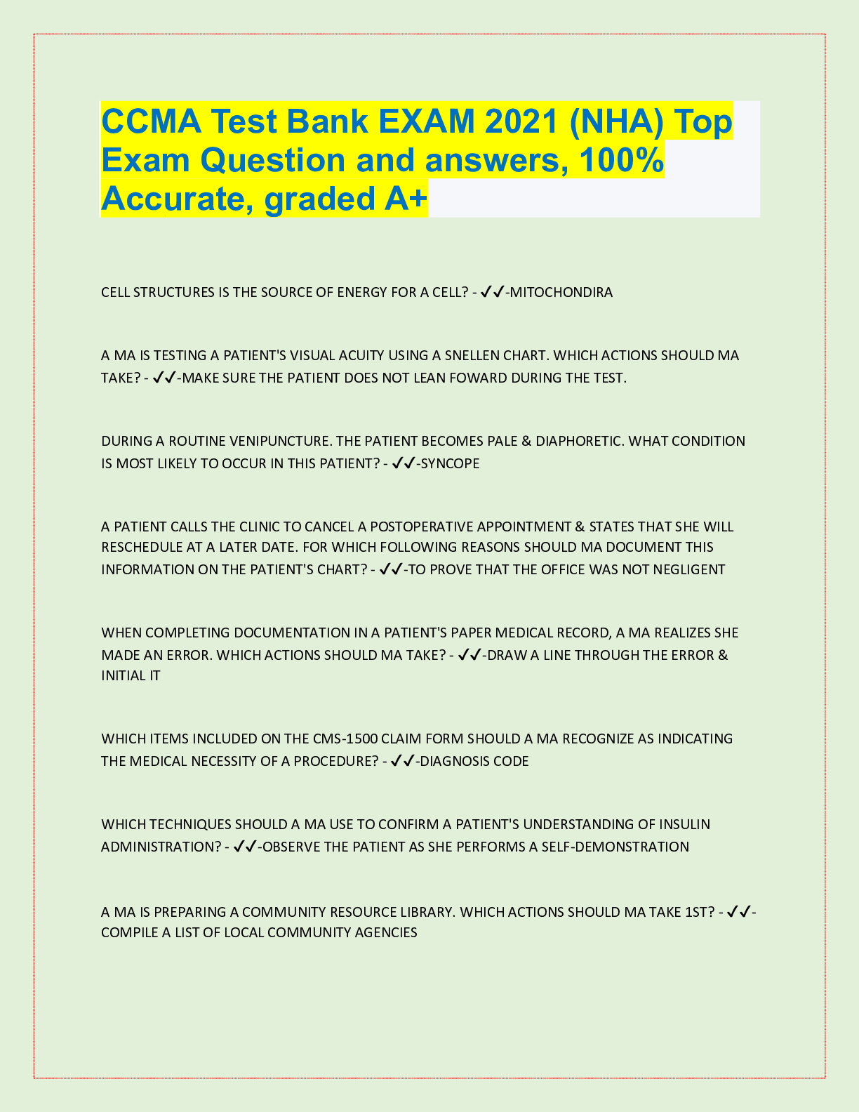 Preview image for CCMA Test Bank EXAM 2021 (NHA) Top  Exam Question and answers, 100%  Accurate, graded A+